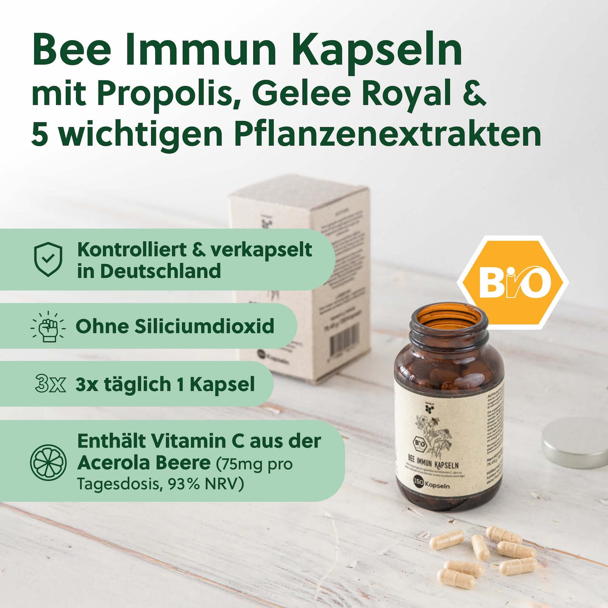 beegut BIO bee Immun Komplex – 150 Kapseln mit Propolis, Echinacea, Vitamin C (Acerola), Hagebutte, Reishi & Gelee Royal – mit Vitamin C für dein Immunsystem* & tägliche Ernährung