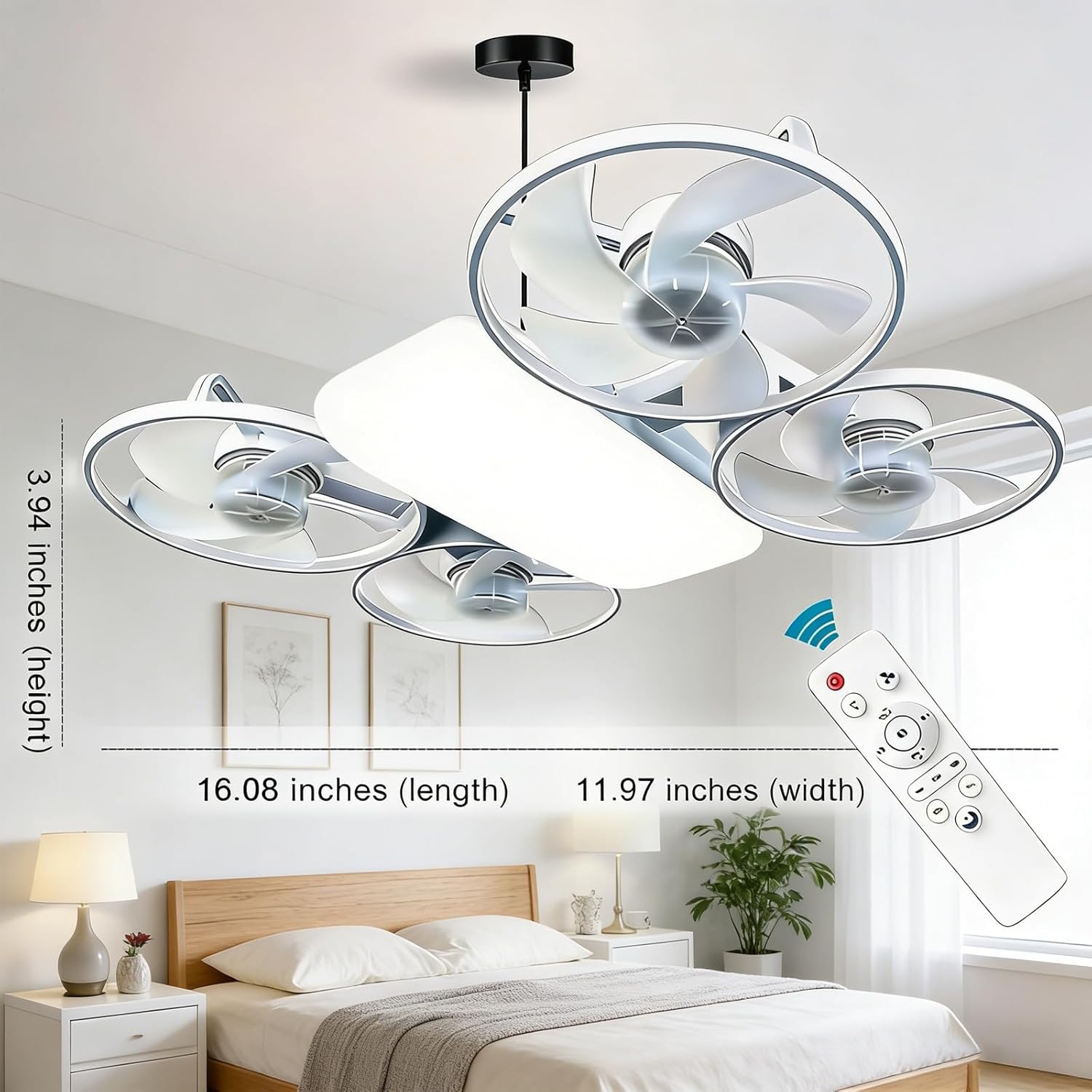 Drone-Style LED Ceiling Fan Light, Modern Lighting & Airflow in One, LED Ceiling Fan Light with Three Adjustable Color Modes, E27 Lamp Socket, Remote Control, Extension Rod, for Home Office (White)
