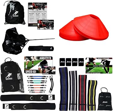 Kbands Athlete Variety Speed Package Kbands Leg Bands, 10 Speed Agility Cones, 4 Infinity Mini Loop Hip Bands, and Dual Running Parachutes Advanced Athlete - Red, Orange, Green, Blue, and Black