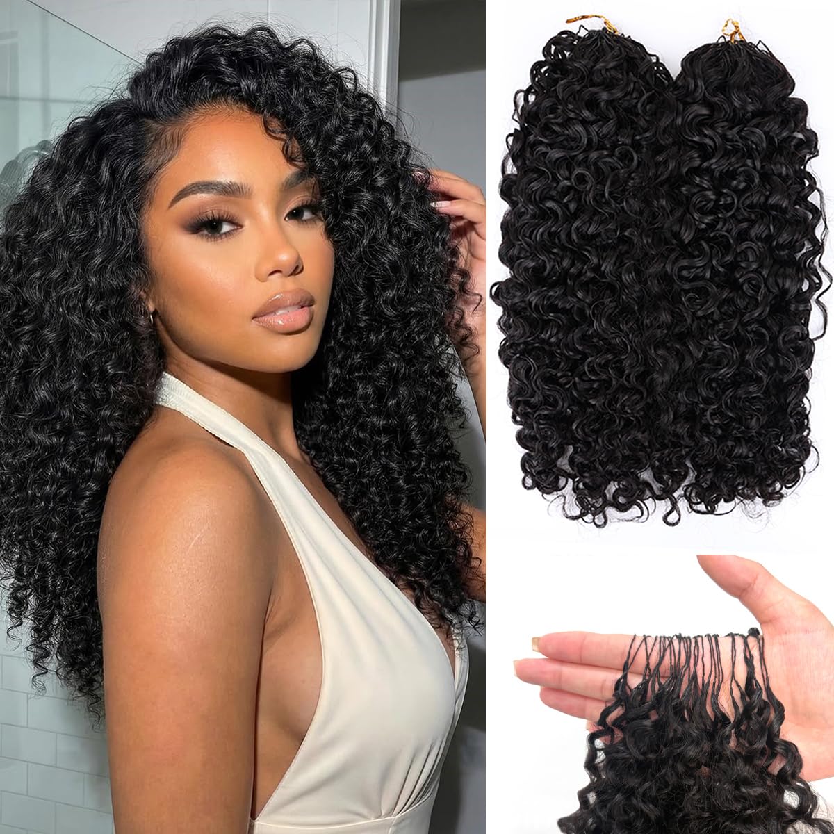 MsSunlight Thick Burmese Curly Human Crochet Hair for Black Women, 16inch 120g Pre-Separated Feather Crochet Human Hair Lightweigh 3C4A Real Human Hair Extensions Natural Black