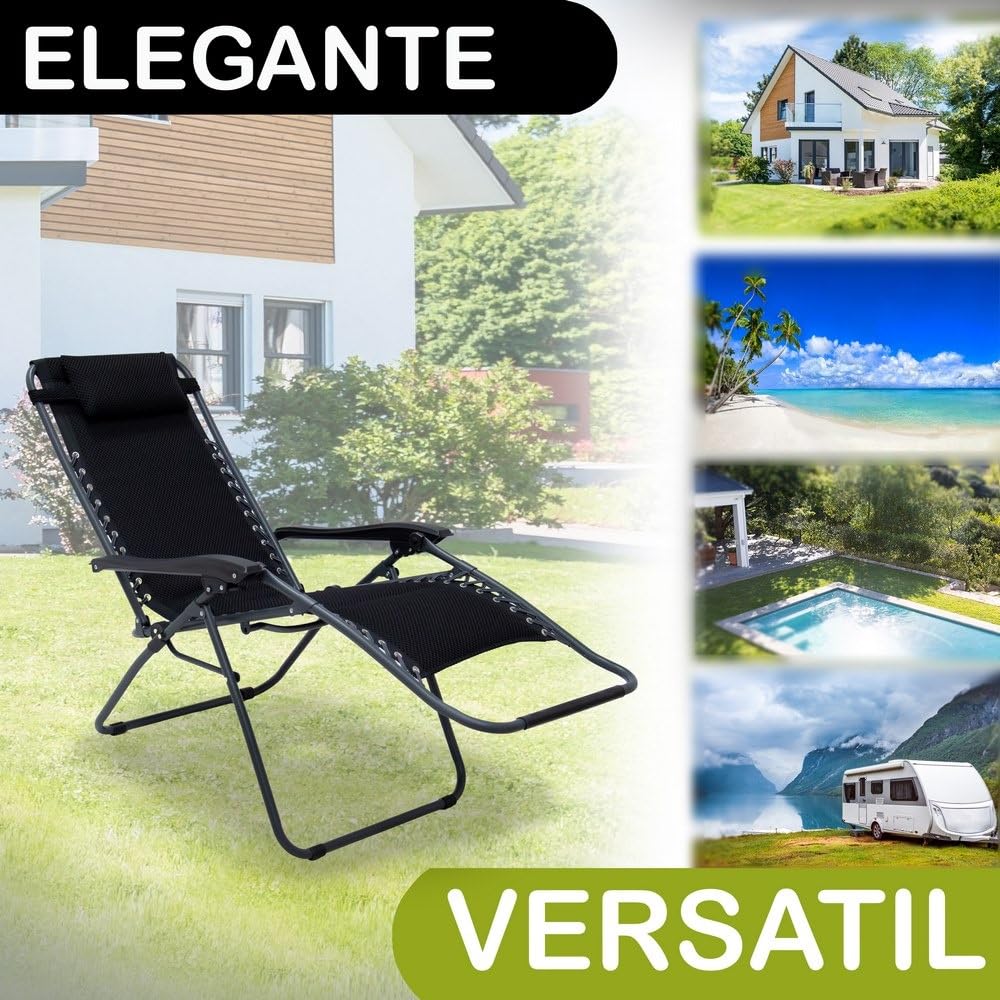 LOLAhome 2 sillas Gravedad Cero Camping jardín y terraza, reclinables, Bloqueo de Seguridad, Estructura Acero y Asiento Lona Oxford poliéster 3D Negras