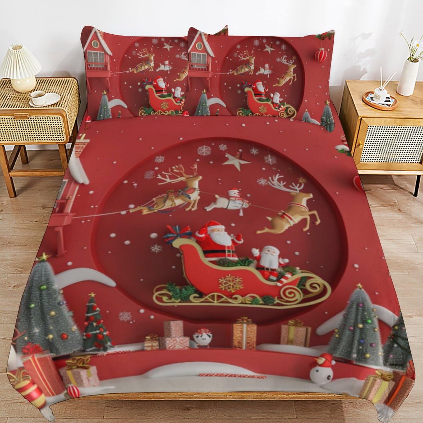 Juego de ropa de cama infantil de Navidad antiarrugas de microfibra roja para evitar el planchado