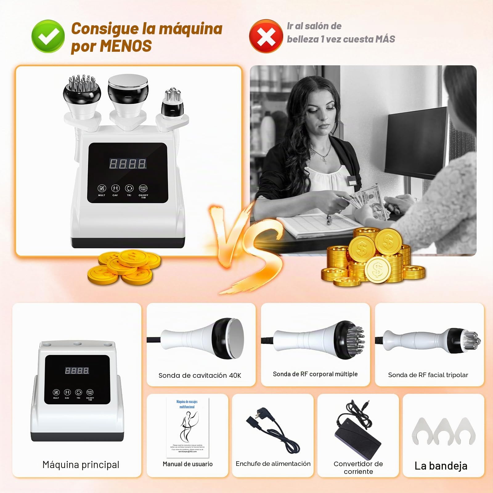 Anticelulítico 3 en 1 40K Cavitación EMS | RF 9 niveles, ventosas cuerpo y rostro, modelado y cuidado suave en casa