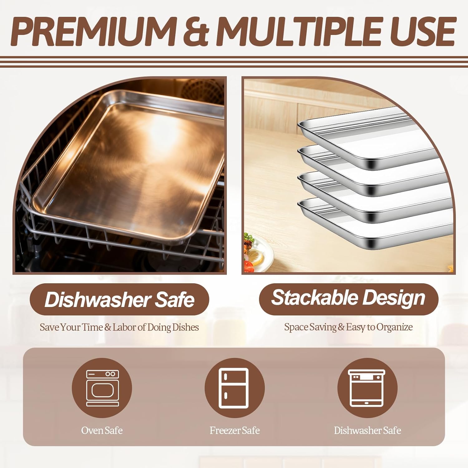 4 Pack Quarter Sheet Pan, Oven Tray, Stainless Steel Baking Sheet Pan, Commercial Cookie Sheets for Baking, Durable Easy Clean Bakings Pans, 12 x 10 x 0.98 Inch - Image 6