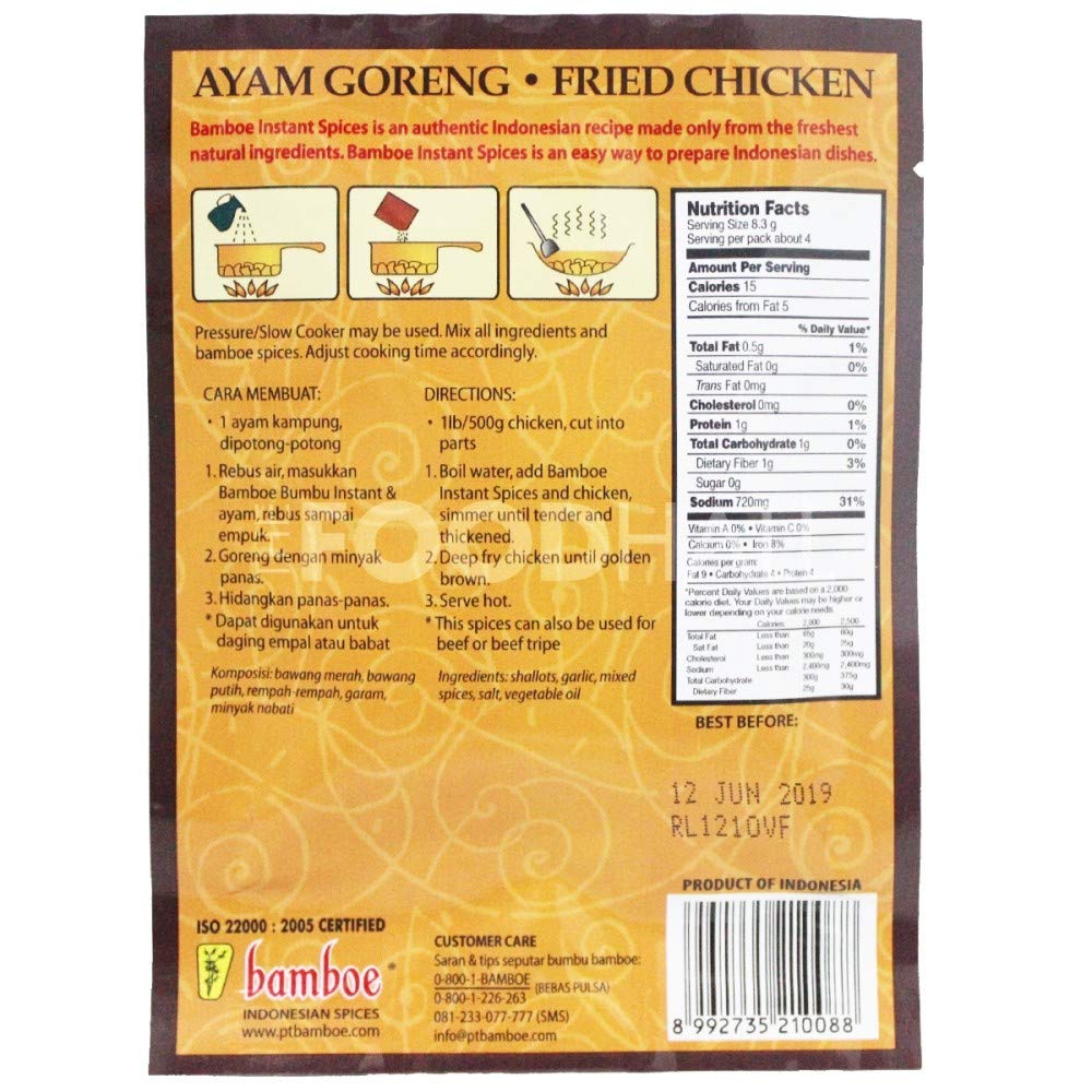 Bamboe Bumbu Ayam Goreng (Indonesian Fried Chicken), 33 Gram (Pack of 6)