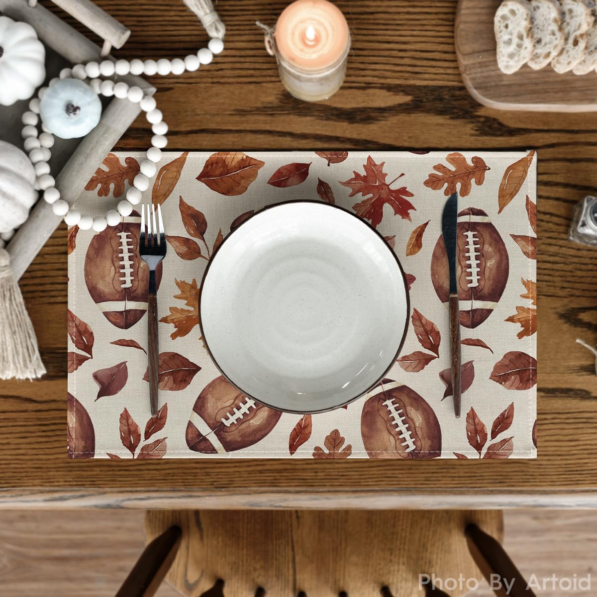 Artoid Mode Football Rugby Leaves Fall Placemats Set of 4, 12x18 Inch Seasonal Autumn Table Mats for Party Kitchen Dining Decoration