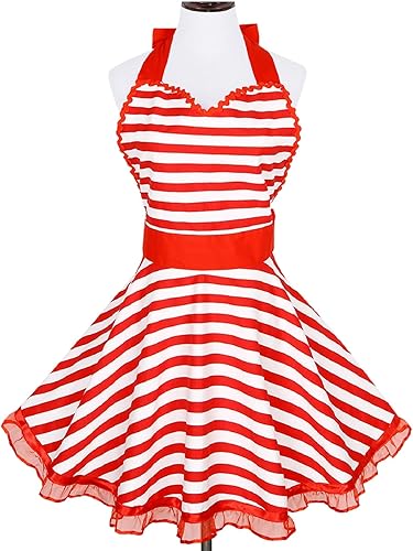 Violet Mist Hermoso Delantal Sweetheart para Mujeres y Niñas Hecho a Mano Retro Lindo Delantal para Mujeres Vestido de Cocina Vintage a Rayas