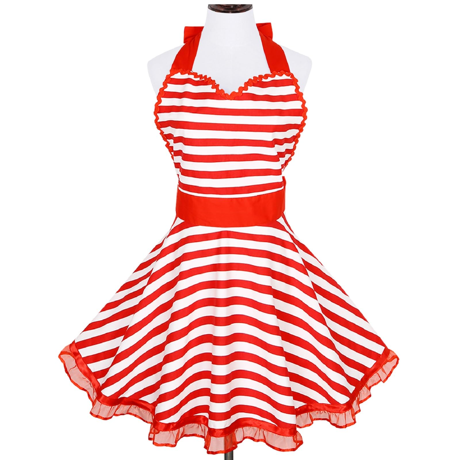 Violet Mist Cute Sweetheart Vintage Apron for Women Girls Polka Dot Retro Stylish Apron Sexy Black Dress 50s Aprons Lace Ruffle Adjustable Neck Strap Flirty Aprons Halloween Christmas Mothers Gifts: Red Striped Lace