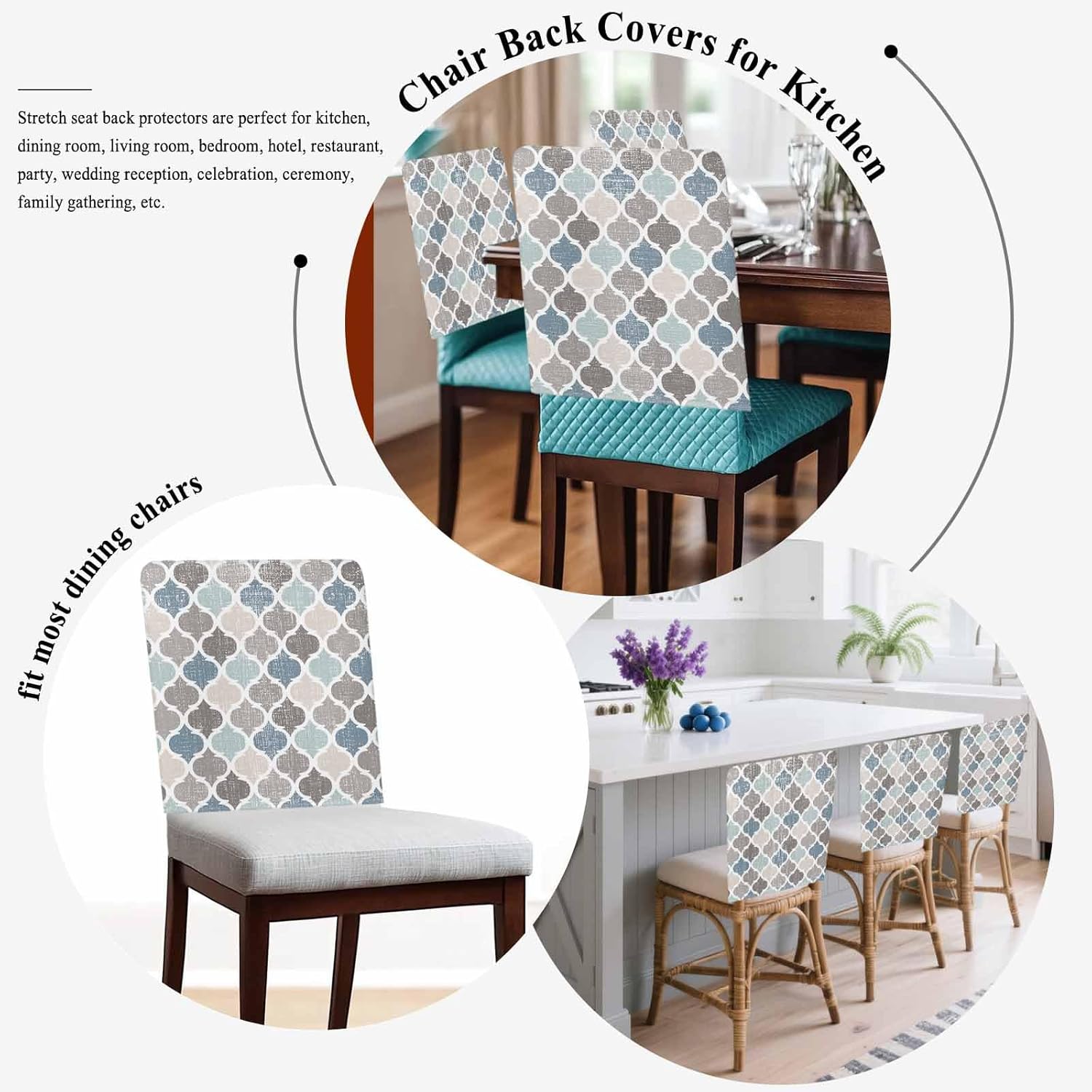 Moroccan Geometric Plaid Dining Chair Cover Set of 6,Removable Chair Back Covers Blue Grey Tile Lattice on Linen Washable Kitchen Chairs Slipcover for Home Dining Room Office Hotel