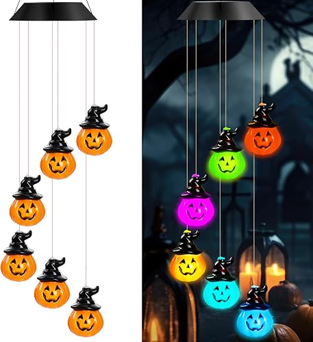 GlikCeil Halloween Solar Wind Chimes 27.5Inch Halloween Decorations Outside Waterproof Hanging LED for Yard, Porch, Patio, Party, Color Changing Lights(Pumpkin)