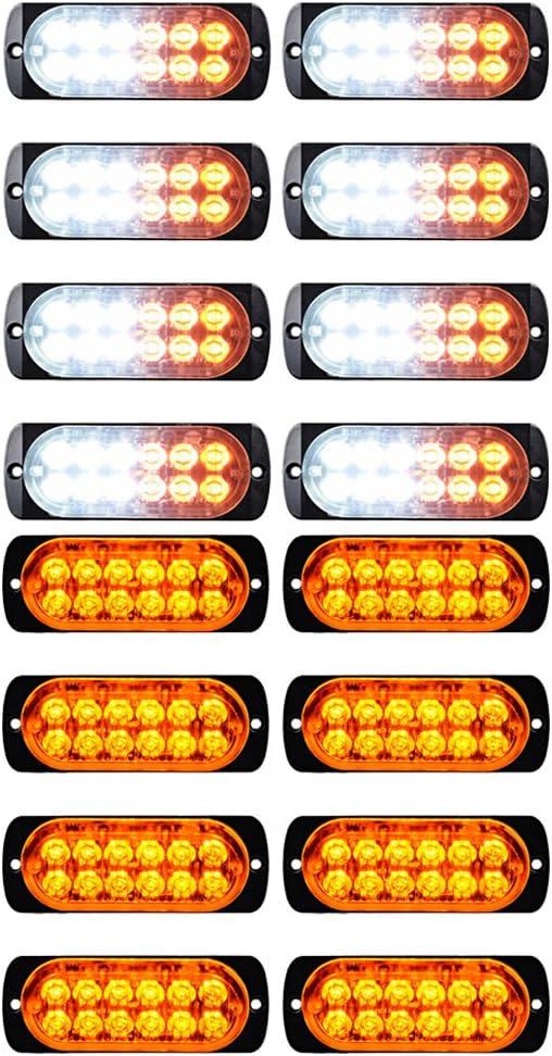 Astra Depot 16pcs (8X Amber + 8X Amber+White) 36W 12-LED Emergency Strobe Light Head Surface Mount Deck Dash 12V-24V