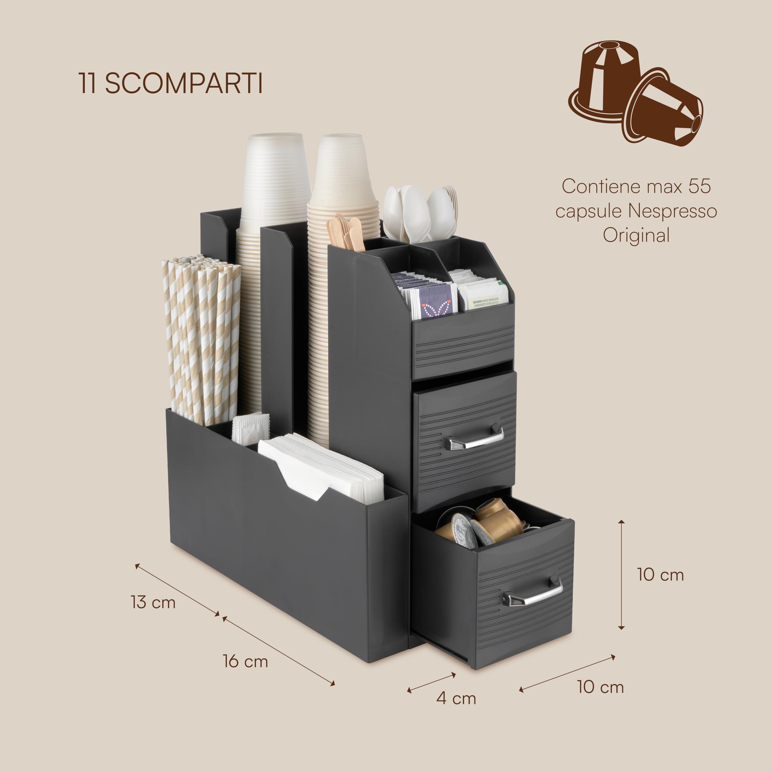Organizer Per Caffè E Condimenti 10 Scomparti SZQINJI - Contenitore Per Ufficio E Cucina, 43x27x12 Cm, Nero