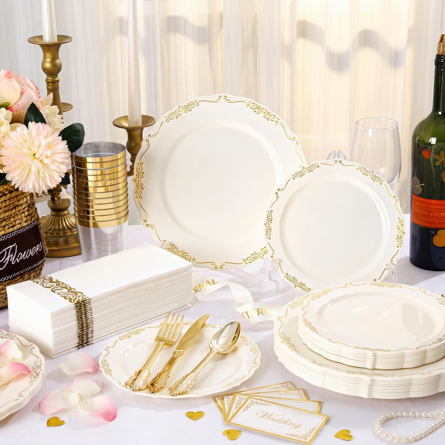 supernal 210Pcs Ivory Plastic Plates,Disposable Plates Heavy Duty,Gold Plastic Dinnerware Set for Include 30 Dinner Plate,30 Dessert Plate,30 Gold Silverware,30 Cups,30 Napkins for Party & Wedding