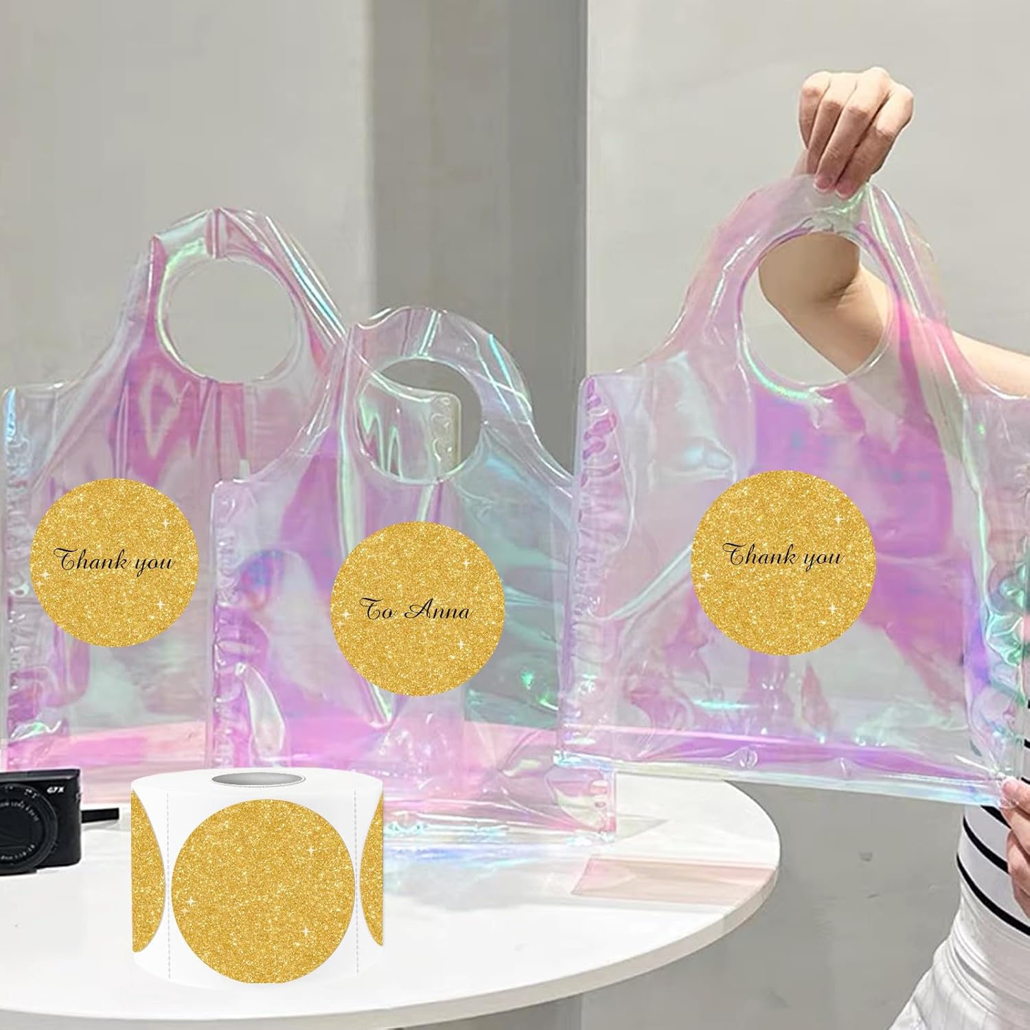 3" Holographic Direct Thermal Label Stickers, Round Printable Rainbow Glitter Thermal Printer Sticker Labels for Gift Wrapping, Self-Adhesive DIY Custom Logo Design- Shiny Gold - Image 5