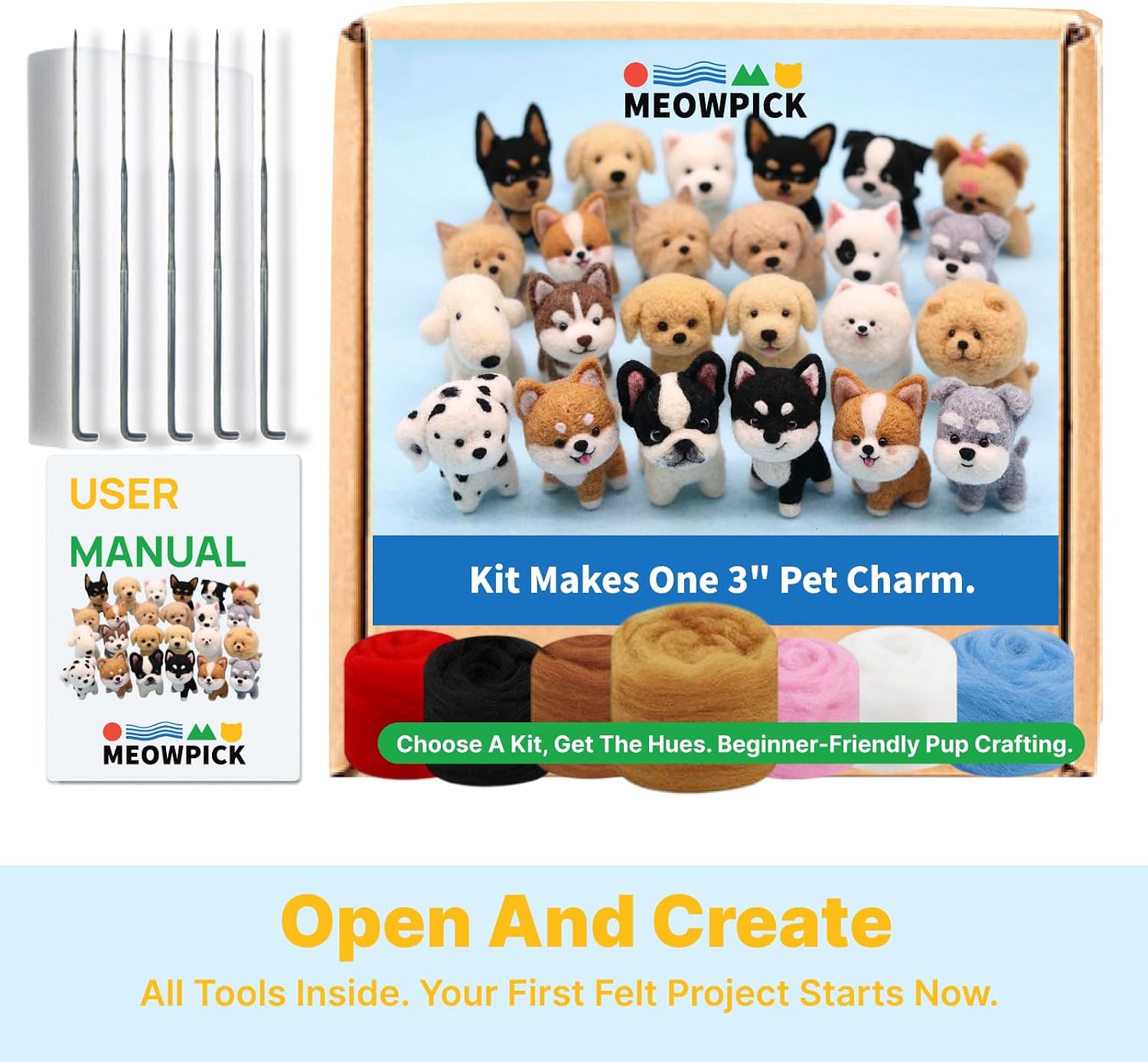 MeowPick Needle Felting Kit, Wool Felting Kit for Beginners Adults, 3 Inch Cute Dog Needle Felting Tools Set, Complete Felting Supplies, DIY Craft for Keychain Car Ornament Gift (BrownWhite)