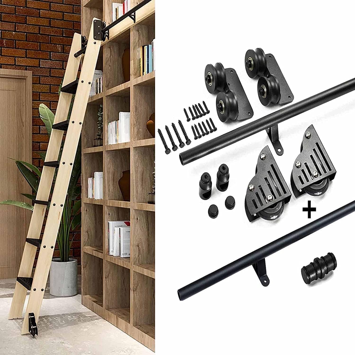 Rolling Library Sliding Ladder Hardware Kit - Kit Hardware Per Scale Mobili in Acciaio Al Carbonio, Binari Hardware Per Porte Scorrevoli, Con Rulli A Pavimento, Installazione Facil