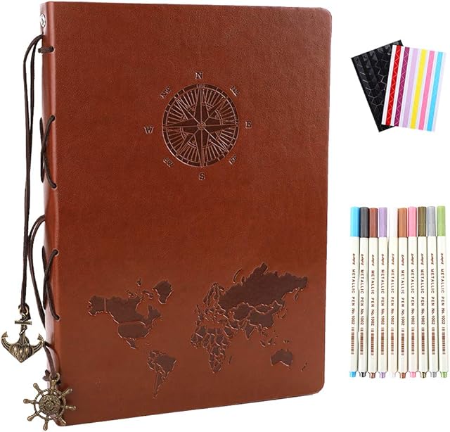 YHH Photo Album Scrapbook Black Pages, Vintage Leather Travel Scrap Book Refillable Memory Book DIY Scrapbooking Xmas Birthday Gift for Men Women Girl Anniversary Present for Wife Kid Friend, compass