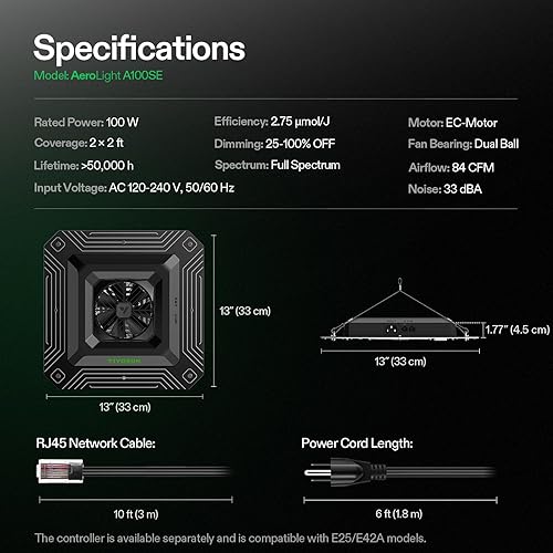 Miniatura 6 de VIVOSUN AeroLight A100SE, luz LED de cultivo de 100 W con ventilador de circulación integrado, compatible con aplicación, se utiliza con controlador
