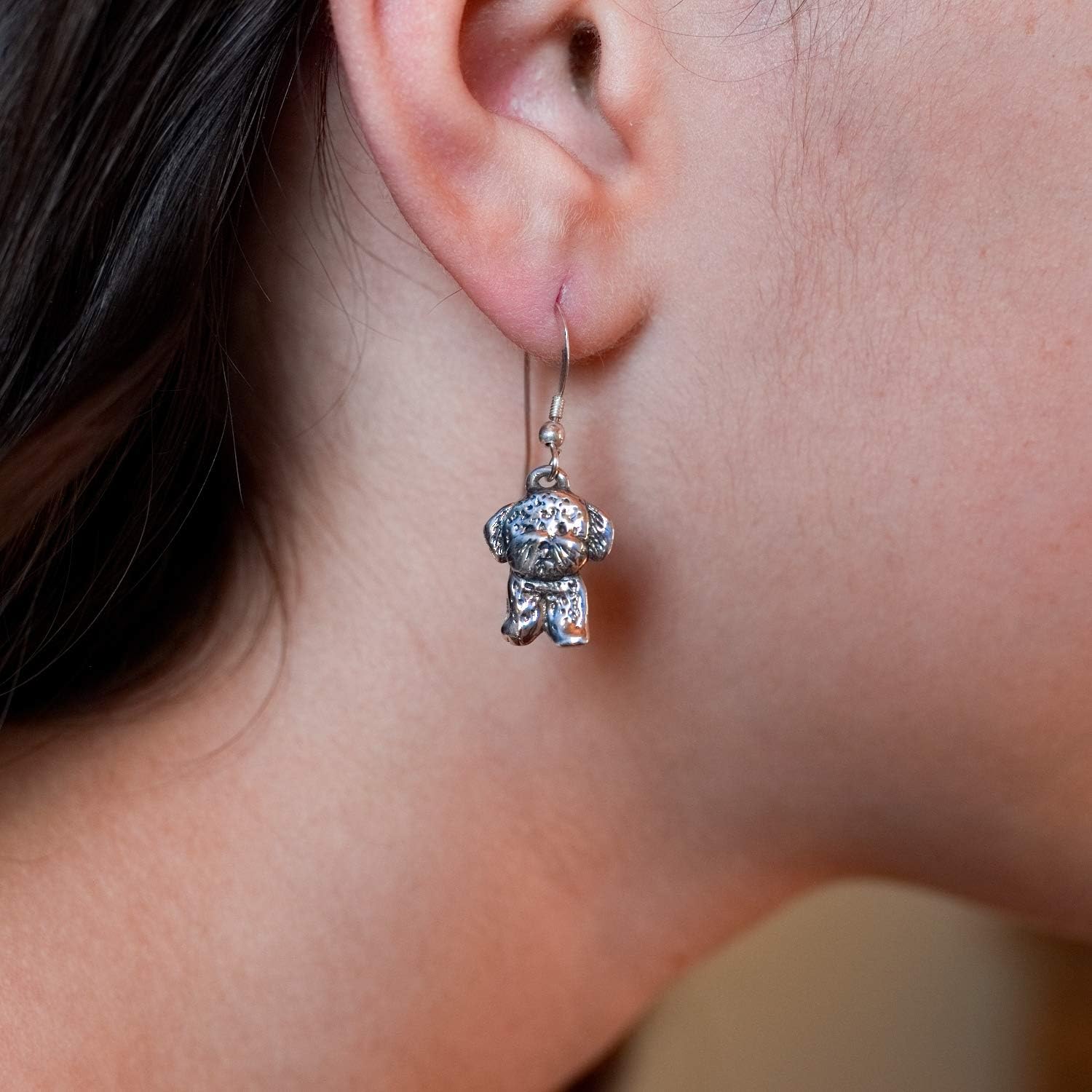 Sterling Silver Bichon Frise Earrings - Small Dog Dangles for Women