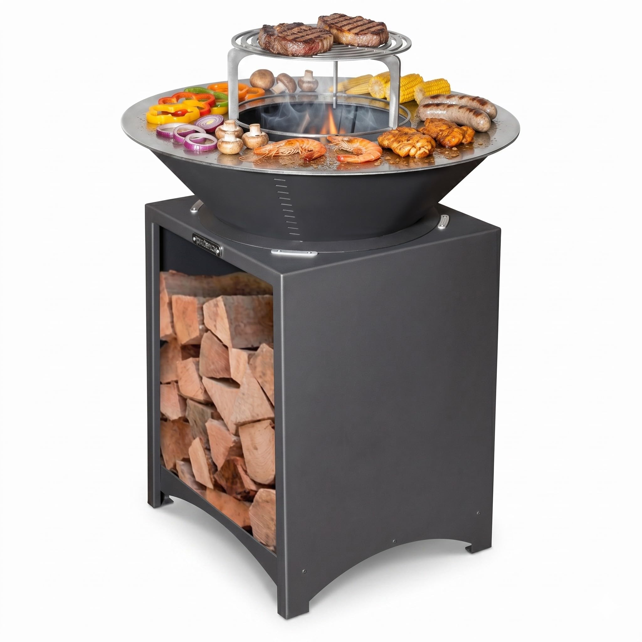 Brasero Haut avec Plaque et Grille Amovible en Acier Barbecue plancha extérieur Ø 75 cm