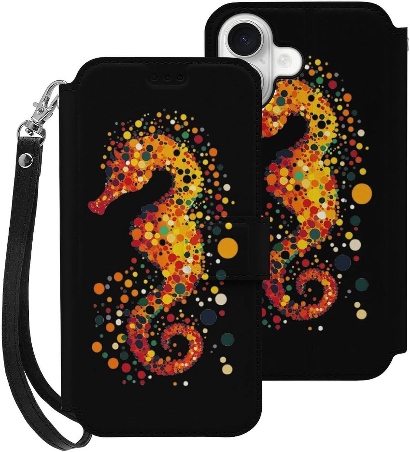 Abstract Hippocampus Seahorse Compatible with iPhone 16/16 Plus/16 Pro/16 Pro Max/16 E Case Phone Wallet Card Holder Flip Cover with Wrist Strap