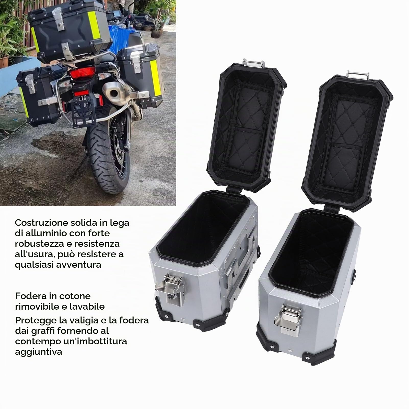 Borsa Laterale per Moto 18L in Alluminio Caso Rigido per Moto con Cerniera Antifurto Maniglia e Rivestimento Termico per Casco e Bagagli Argento