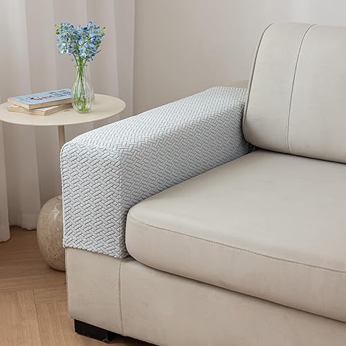 Miniatura 11 de Juego de 2 fundas para reposabrazos de sofá, de poliéster, elásticas, antideslizantes, protectores de muebles, lavables, color blanco crema, mediano