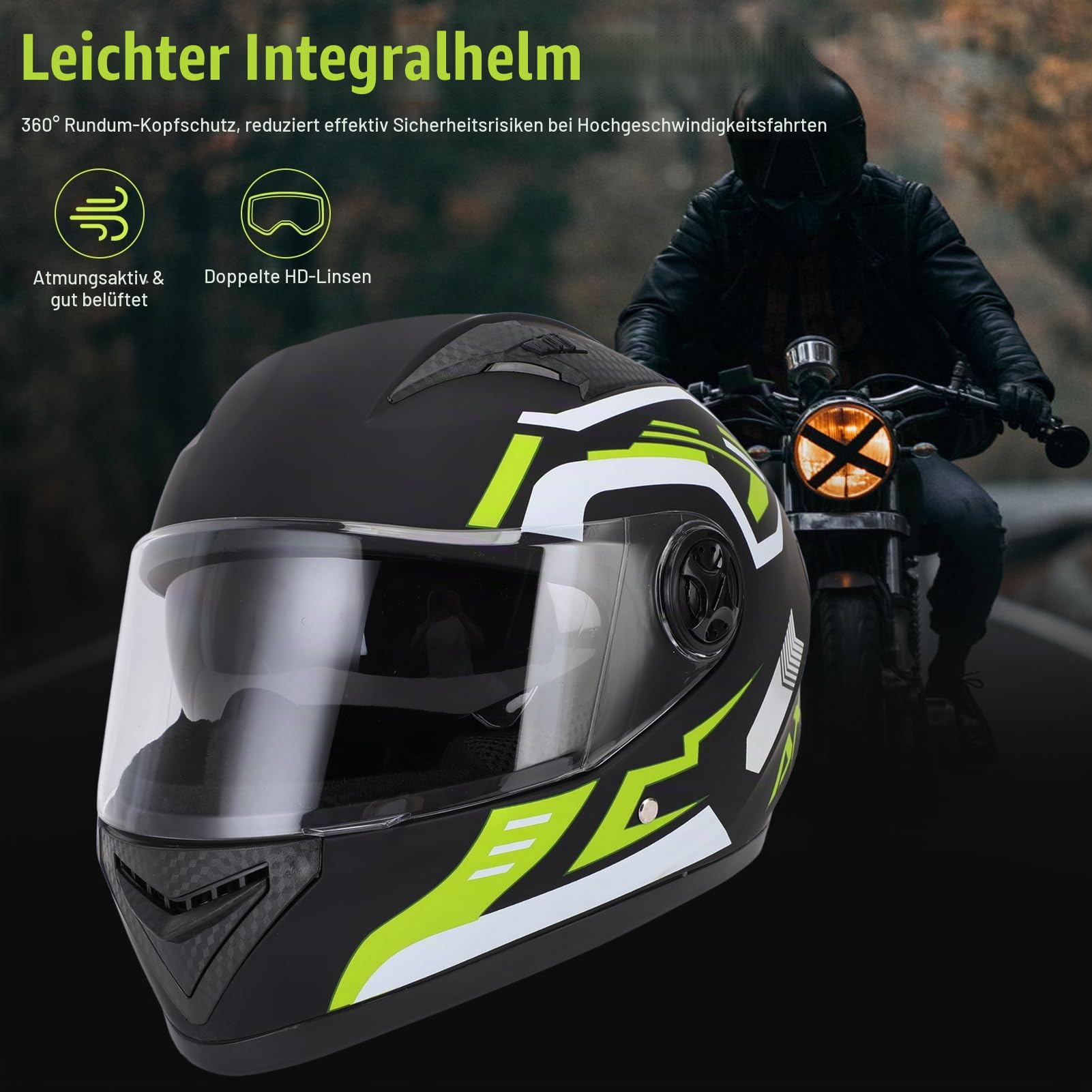 Motorrad Helm, Leichter Fahrrad-Reithelm für Männer und Frauen, Kopf Umfänge von 54-61cm Voll Gesichts Helm mit Abnehmbarem Hals Wärmer, Innere Atmungsaktive Baumwoll Schicht
