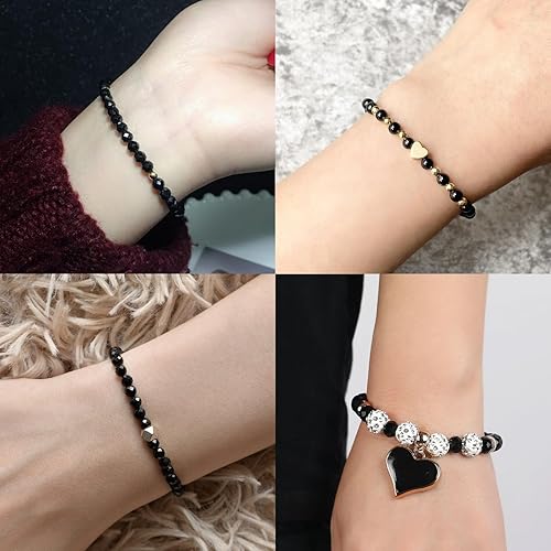 Miniatura 5 de SEMATA Juego de 1500 cuentas negras para hacer joyas, con cuentas de estrella y corazón, cuentas redondas  poligonales acrílicas negras lisas para