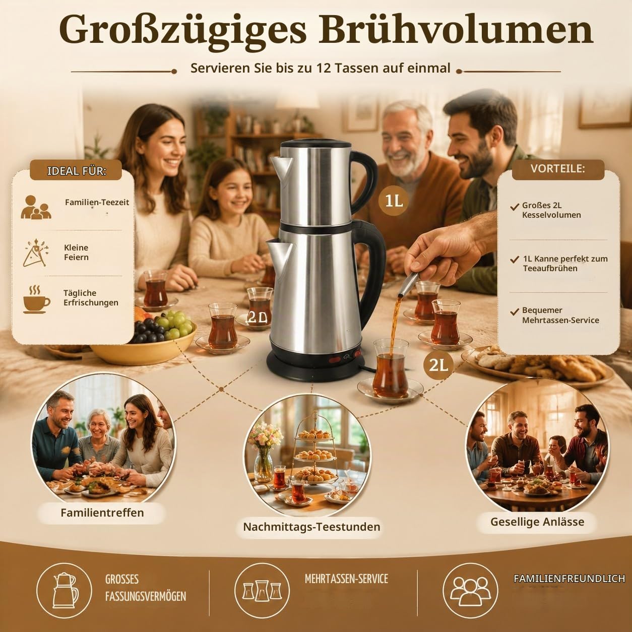 Türkischer Teekocher Elektrisch Edelstahl, Caydanlik 1L + 2L Teekanne, Wasserkocher mit Teekanne für Türkischen Tee Kräutertee und Samowar