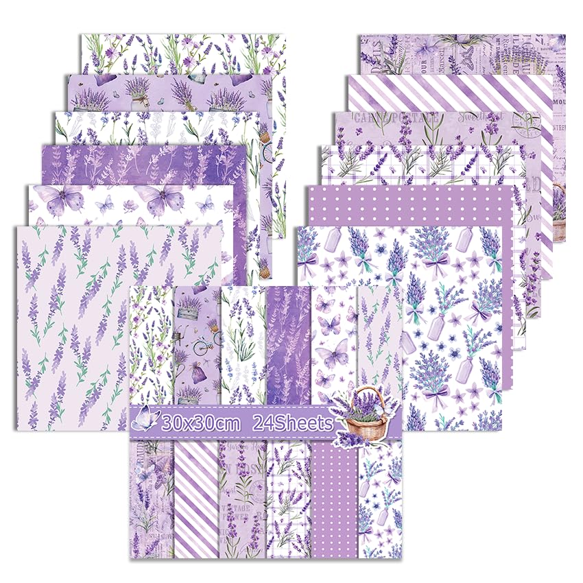 24 Sheets Scrapbook Paper, 11.8 x 11.8 inch, Flower Scrapbooking Supplies, 12 Designs Double-Sided Decorative Craft Papers for DIY Photo, Album and Scrapbook Decoration (Purple, 30x30cm)