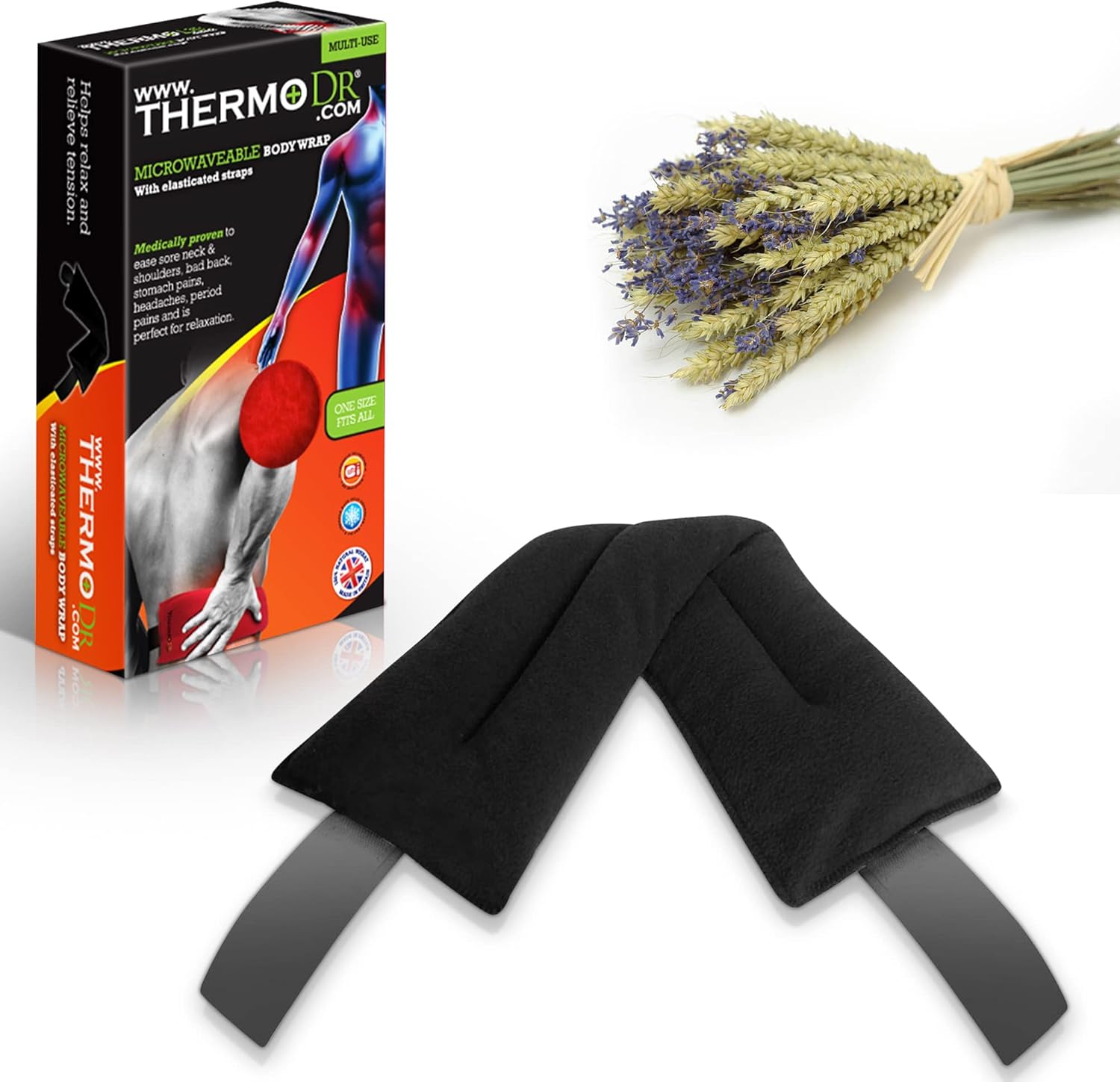 ThermoDR Envoltura corporal para microondas – 100% natural para aliviar el dolor – Envoltura térmica multiusos duradera y resistente – Bolsas de trigo ergonómicas para microondas con correas elásticas