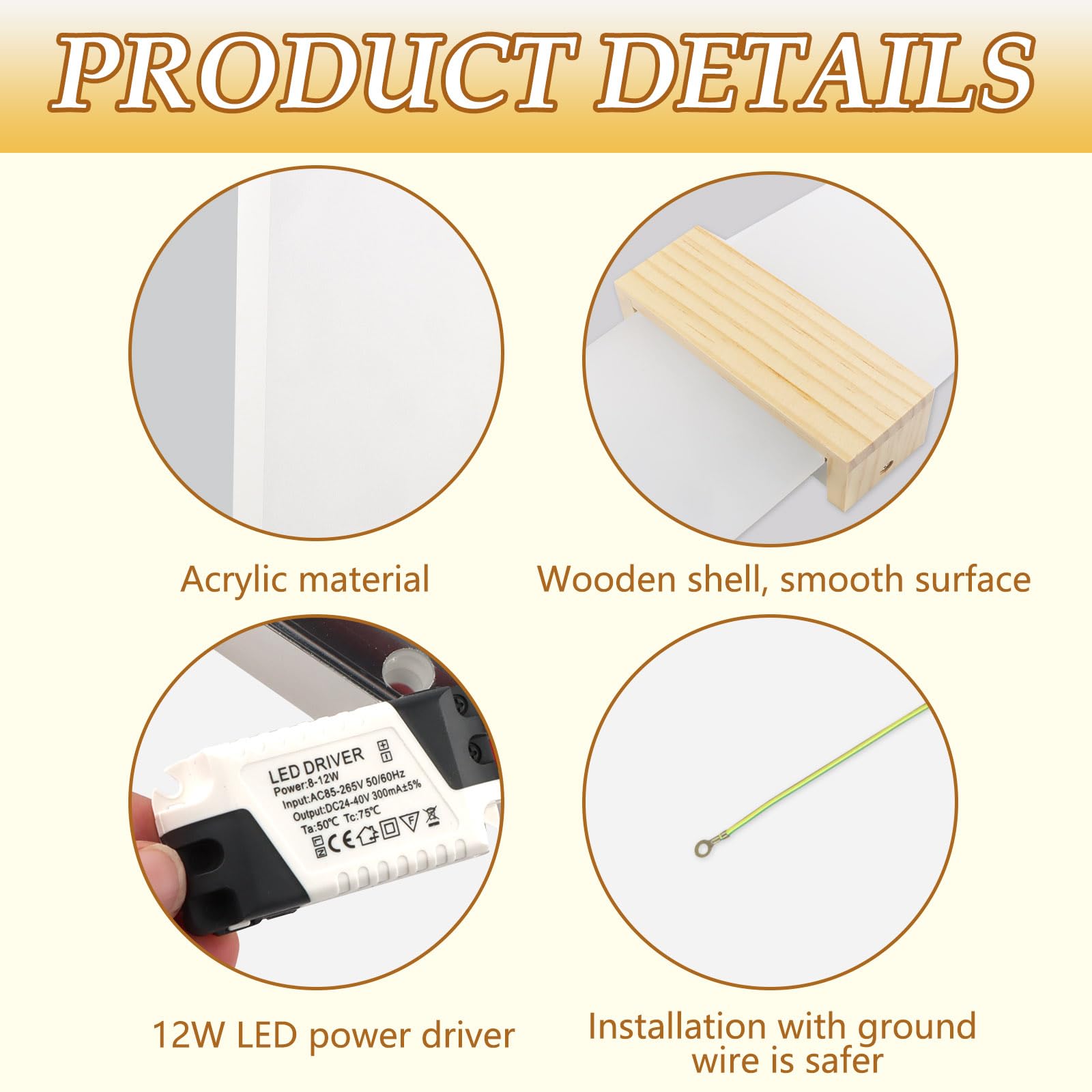 Applique Murale Intérieure LED 12W Blanc Chaud 3000K Lampe Murale Moderne en Acrylique avec Boîtier en Bois Applique Éclairage Haut et Bas pour Couloir Escalier Salon Chambre