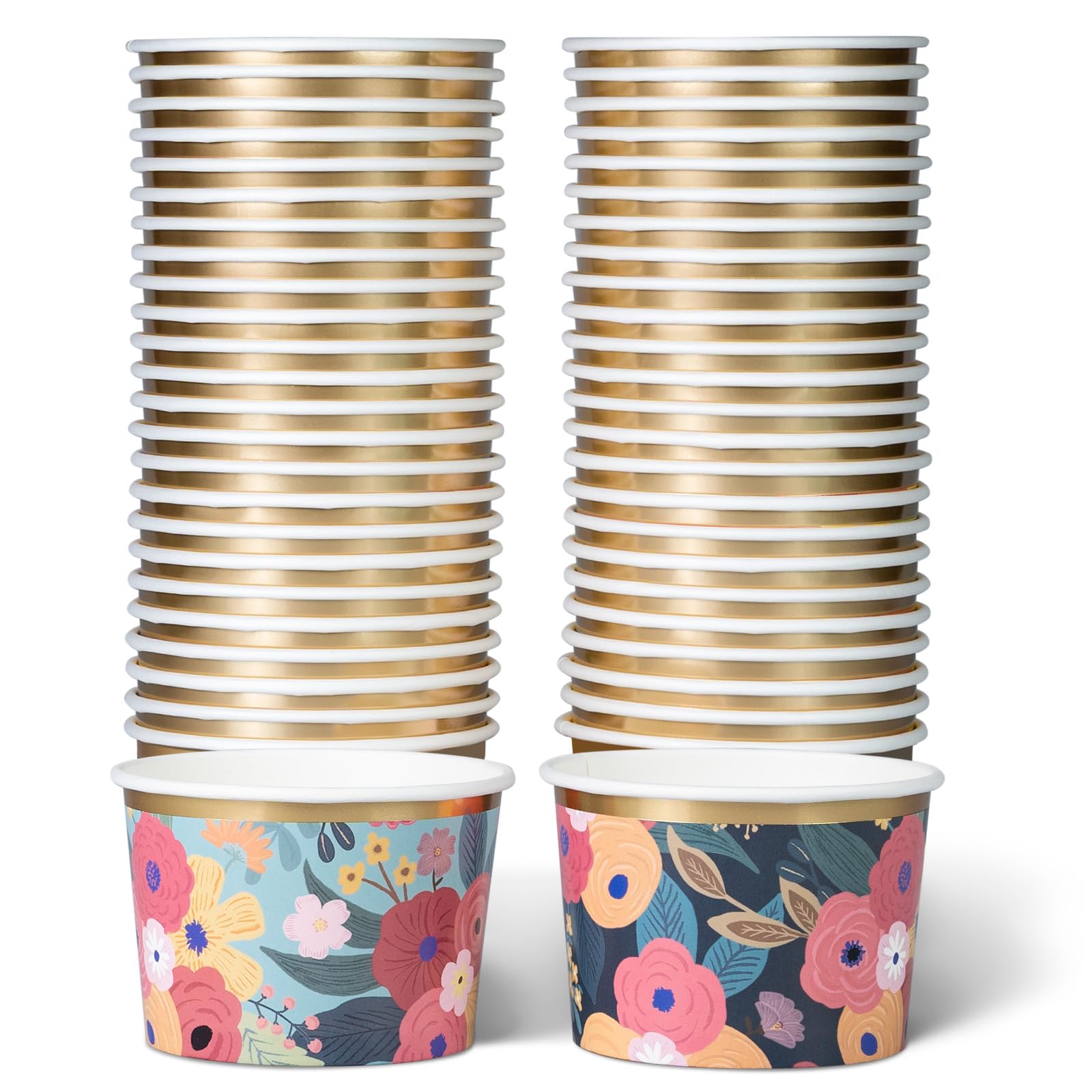 Einweg-Papier-Eisbecher und Suppenschüsseln, 50 Stück, 266 ml, Sunlit Meadow & Midnight Petals, florale Designs, heiße/kalte Papier-Snackbecher, Eisbecher, Einweg-Suppenschalen