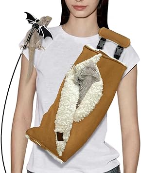 Adjustable Fluffy Bearded Dragon Sling Carrier Bag, Reptile Carrier with Leash Harness Lizard Cage Accessories for Small Animal, Ferrets, Squirrel, Hamsters,Parrot Caramel