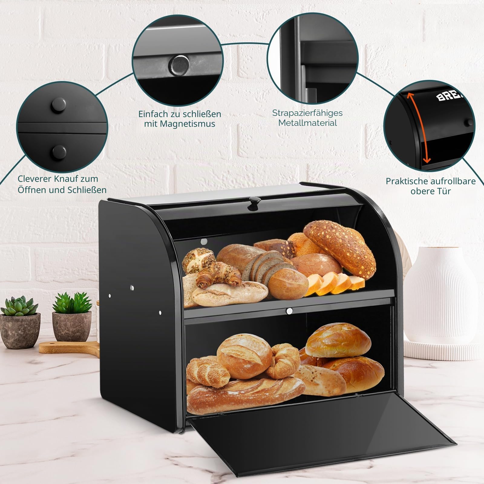 Brotkasten, Brotkasten für Küche, Große Aufbewahrungsbox mit Roll-Top-Deckel, Doppelter Metall-Brotbehälter, Aufbewahrungsbehälter für frische Brote, Kekse, Gebäck 40 x 32 x 24 cm (Schwarz)