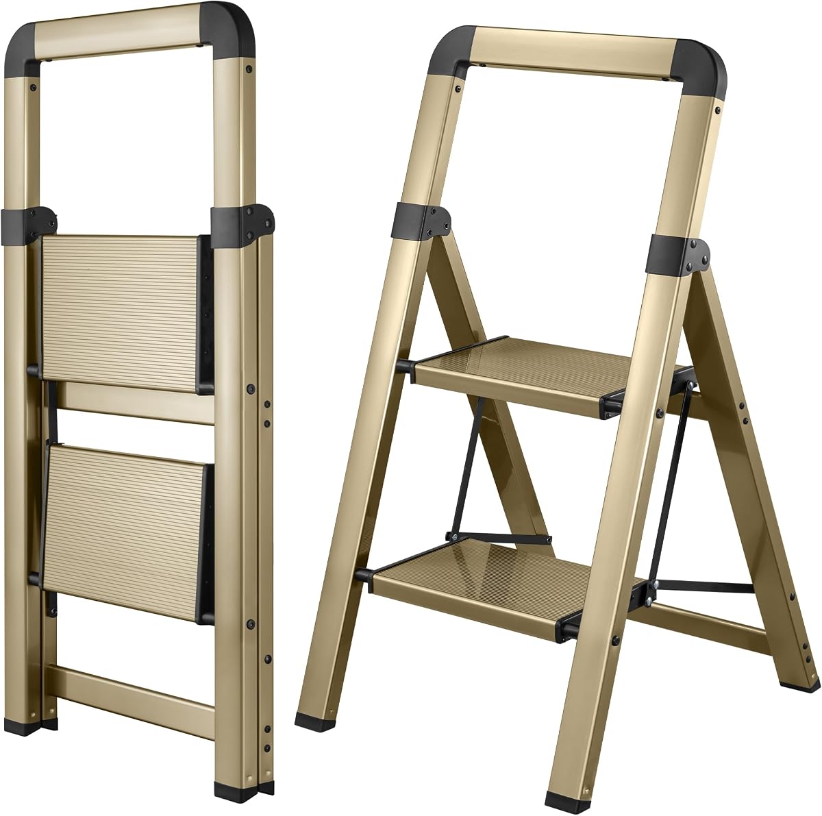 Step Ladder 2-Step Champagne Finish Aluminum Folding Ladders | Anti-slip Sturdy Foldable Ladder Step Stool for Kitchen Home Office Libaray