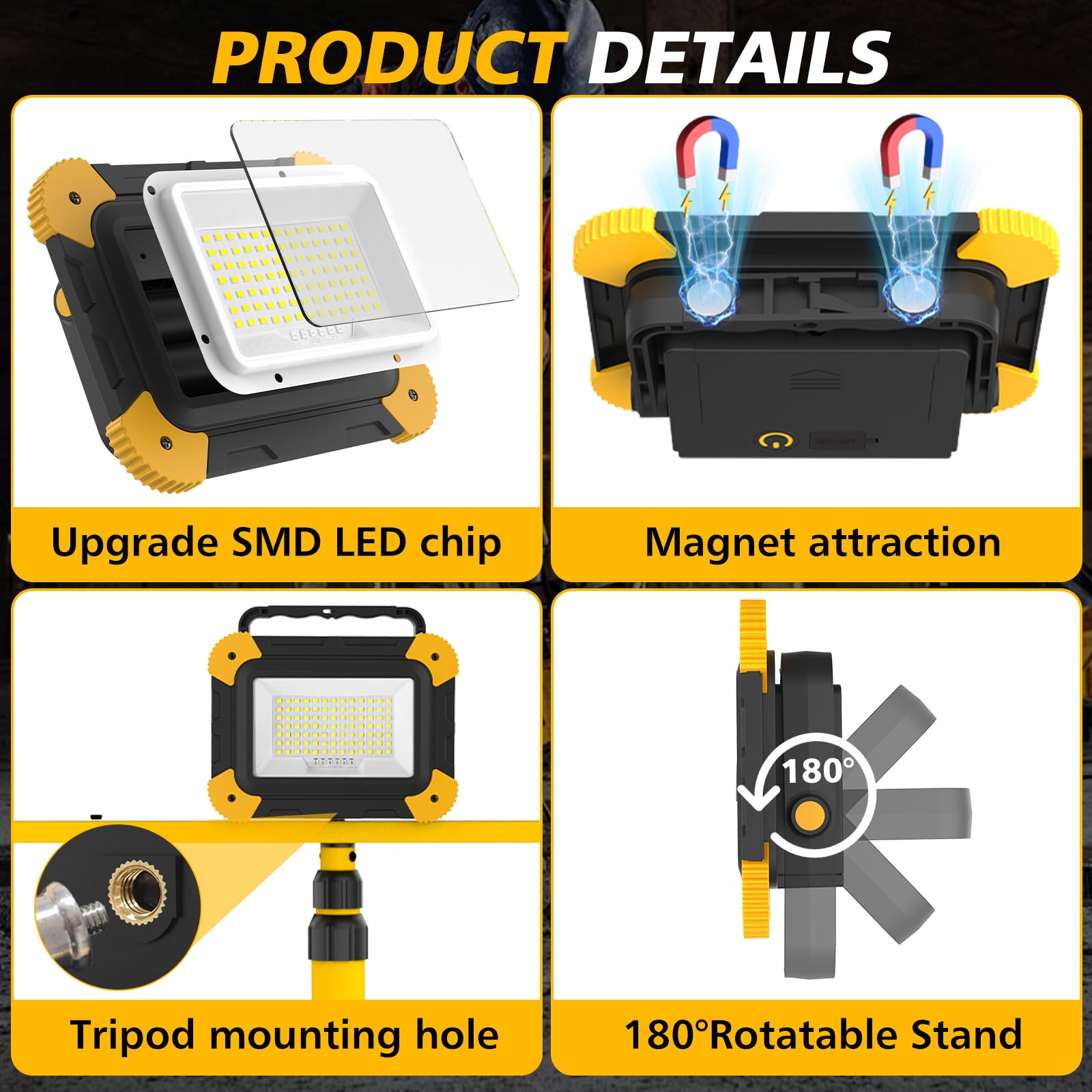 NATPOW Projecteur Led Rechargeable, 5 Modes Lampe de Chantier Batterie avec Câble USB, 3000mAh Eclairage Chantier Portable, IP65 Étanche Lumiere Chantier pour Garage, Camping, Pêche, 2 Pièces