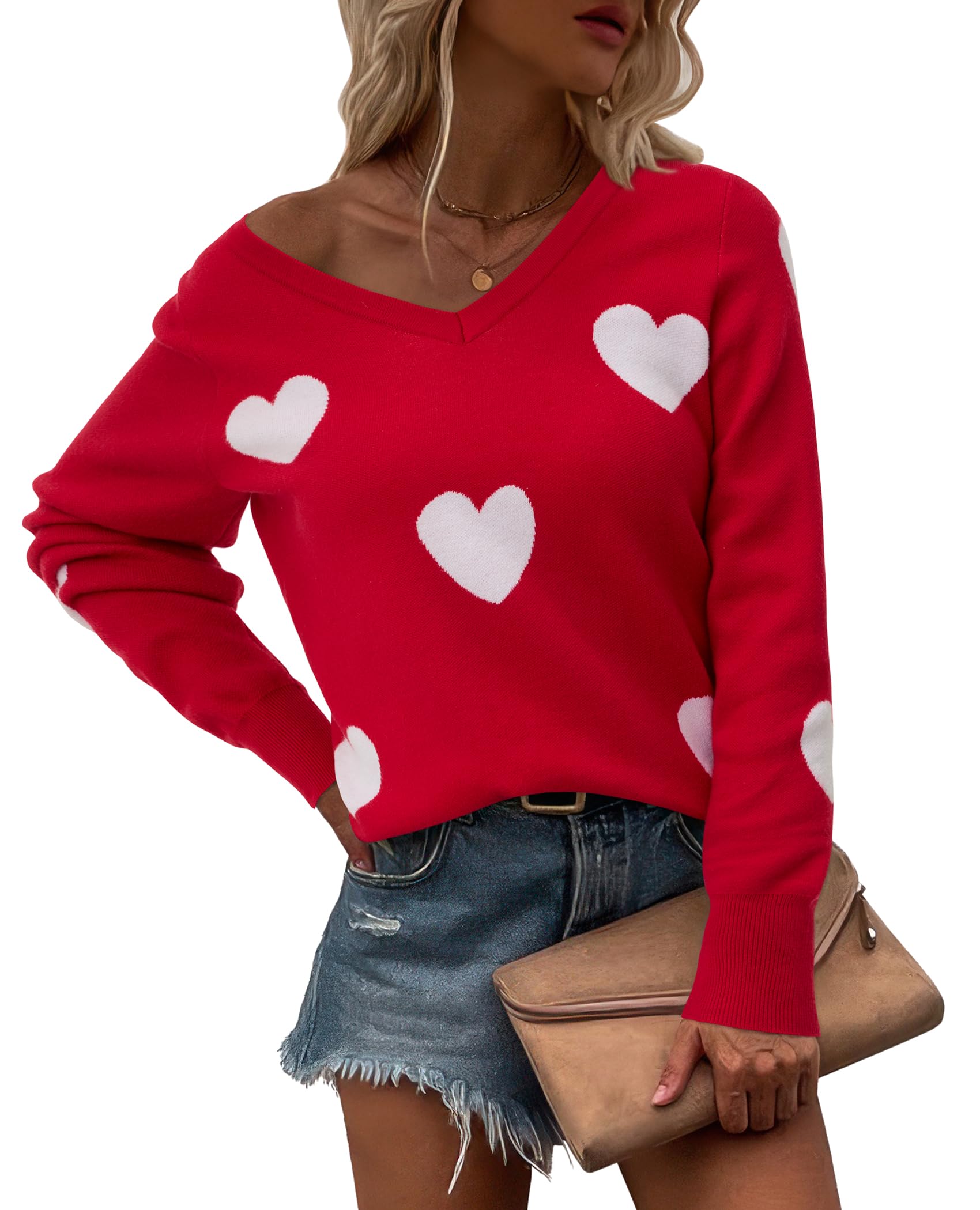 Womens Valentine Sweaters Long Sleeve Pullover V Neck New Year Sweaters for Women Lightweigh Soft Cute Casual Tops