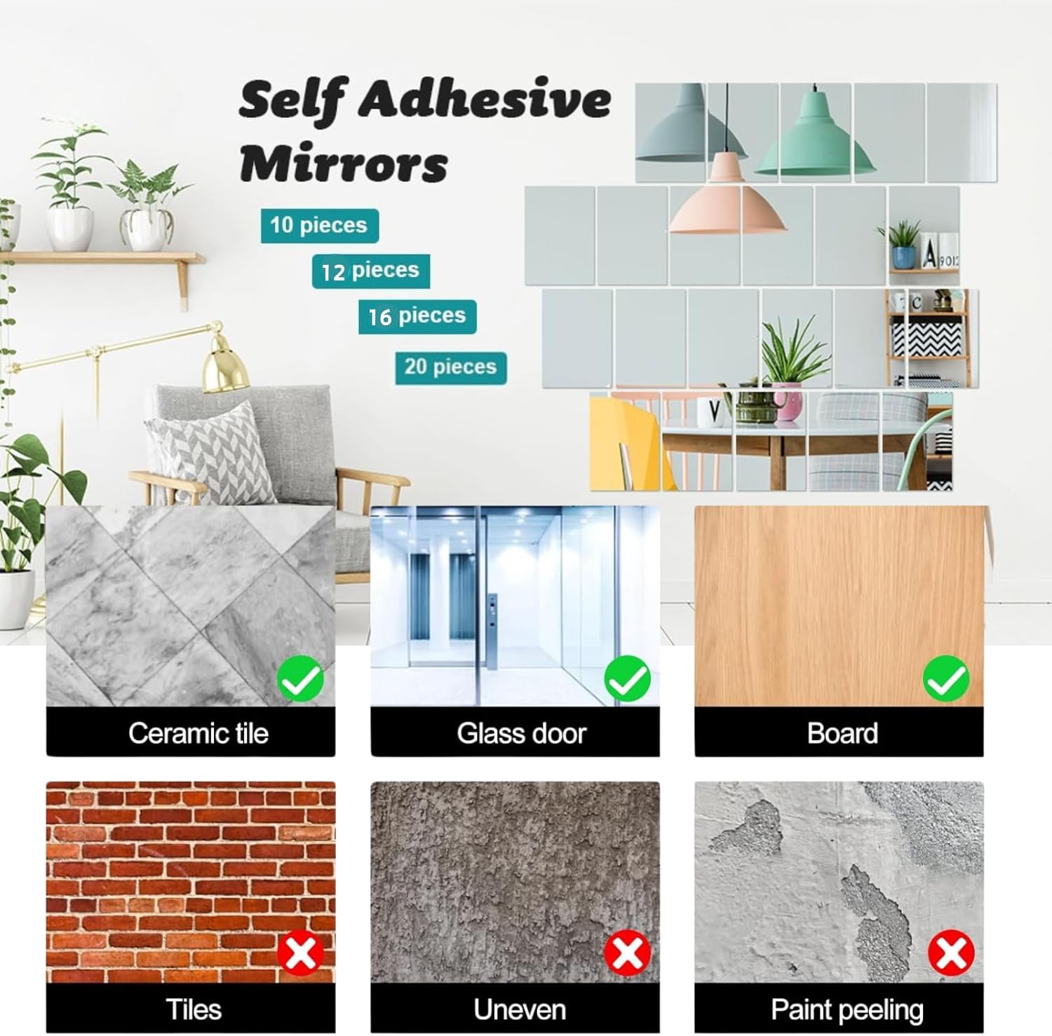 12" x 12" Acrylic Flexible Mirror Sheets, 16 Pack Self Adhesive Mirror Tiles Square Cuttable Mirror Wall Stickers, Non-Glass Plastic Mirror Stickers Safety Reflective for DIY Craft Home Wall Decor