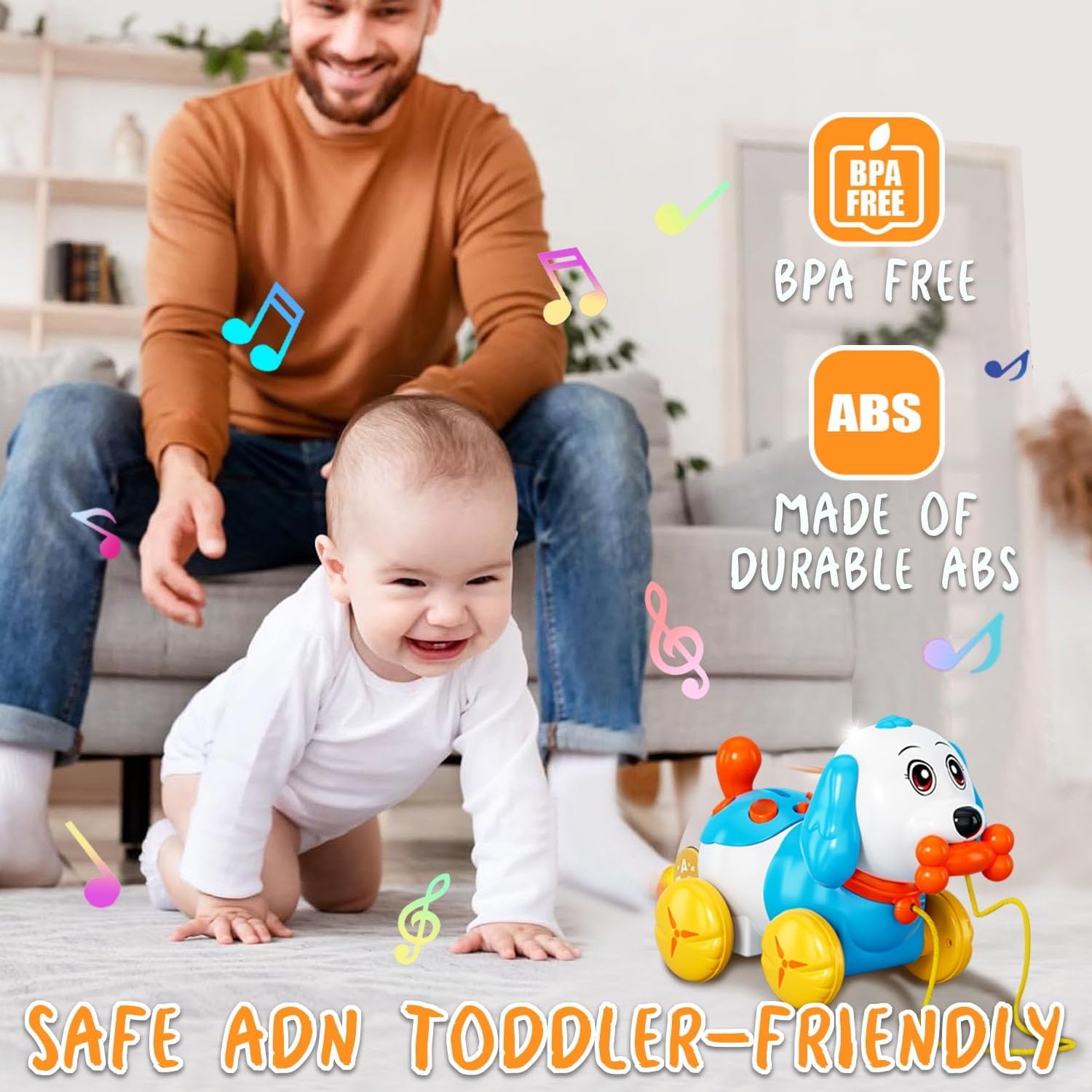 PLUSPOINT Doggy Musical Pull Along Toys with Light Music & Sounds Early Learning Developmental Educational Dog for Toddlers Activity & Walking Toys for Boys & Girls with Piggy Bank 2