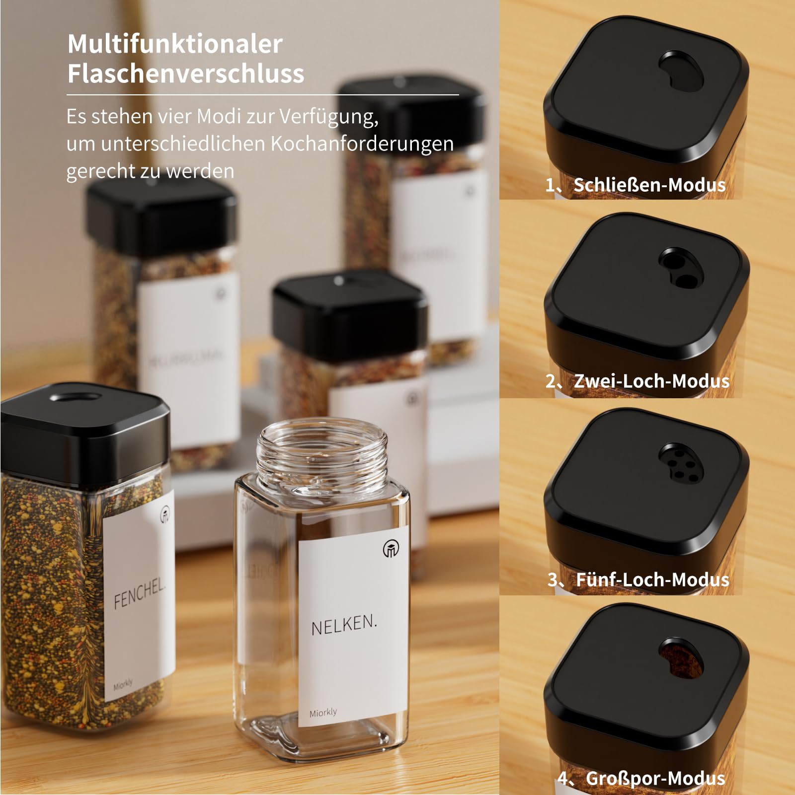 Lot de 24 pots à épices carrés avec couvercle en bois avec étagère en bois [24 x 120 ml] – Étagère à épices avec boîtes à épices – Organiseur à épices – Épices en verre avec étiquettes