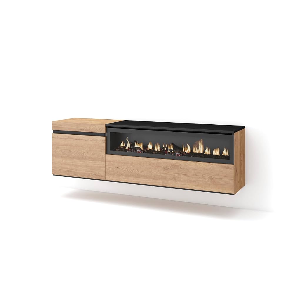 Skraut Home Meuble TV Avec Cheminée Électrique LED - 150x45x35 Cm - Noir Moderne - Rangement Intégré