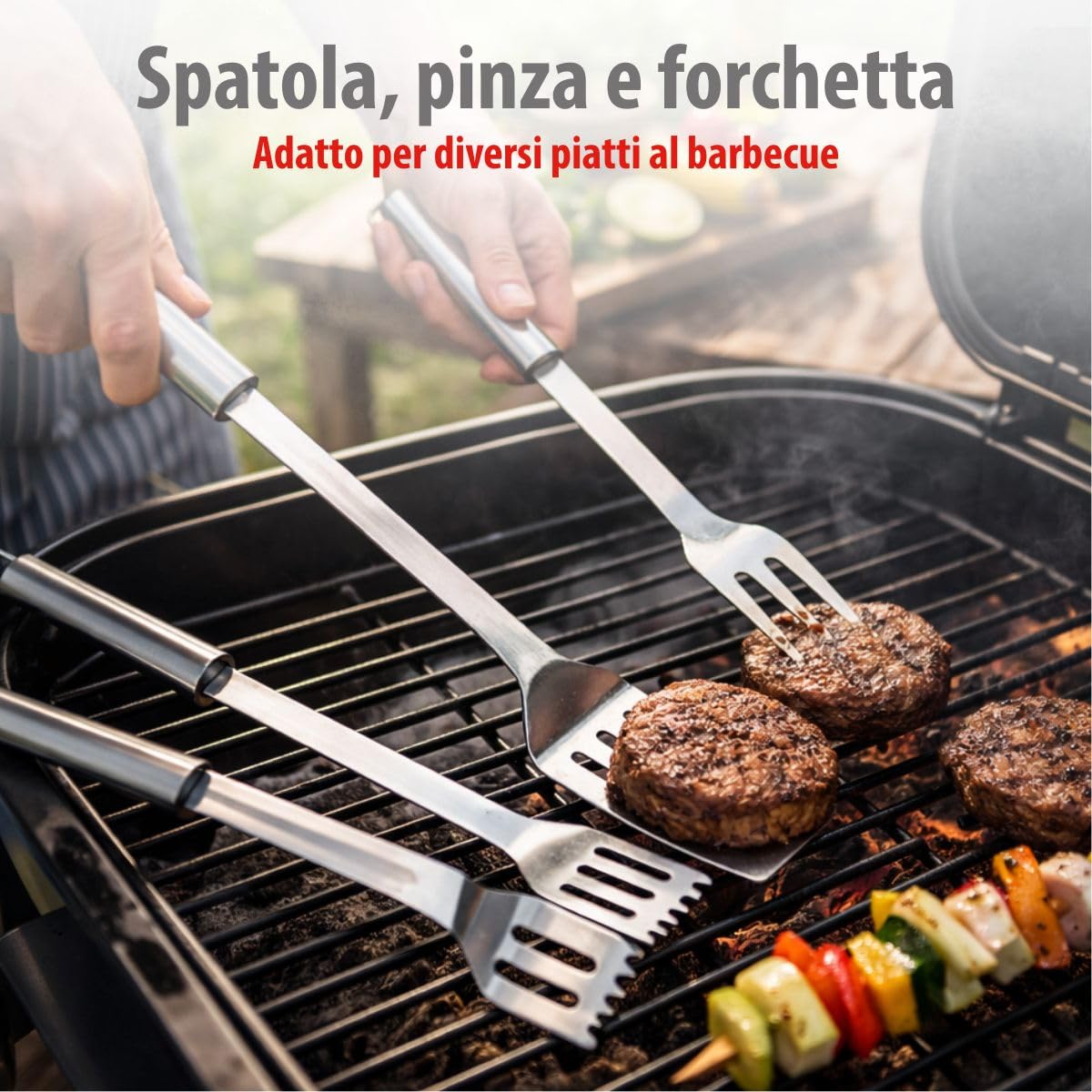 alpina Set Barbecue 3 Pezzi - Utensili Barbecue con Spatola e Pinza - Accessori Barbecue con Forchetta - Attrezzi Barbecue Acciaio Inox - Argento