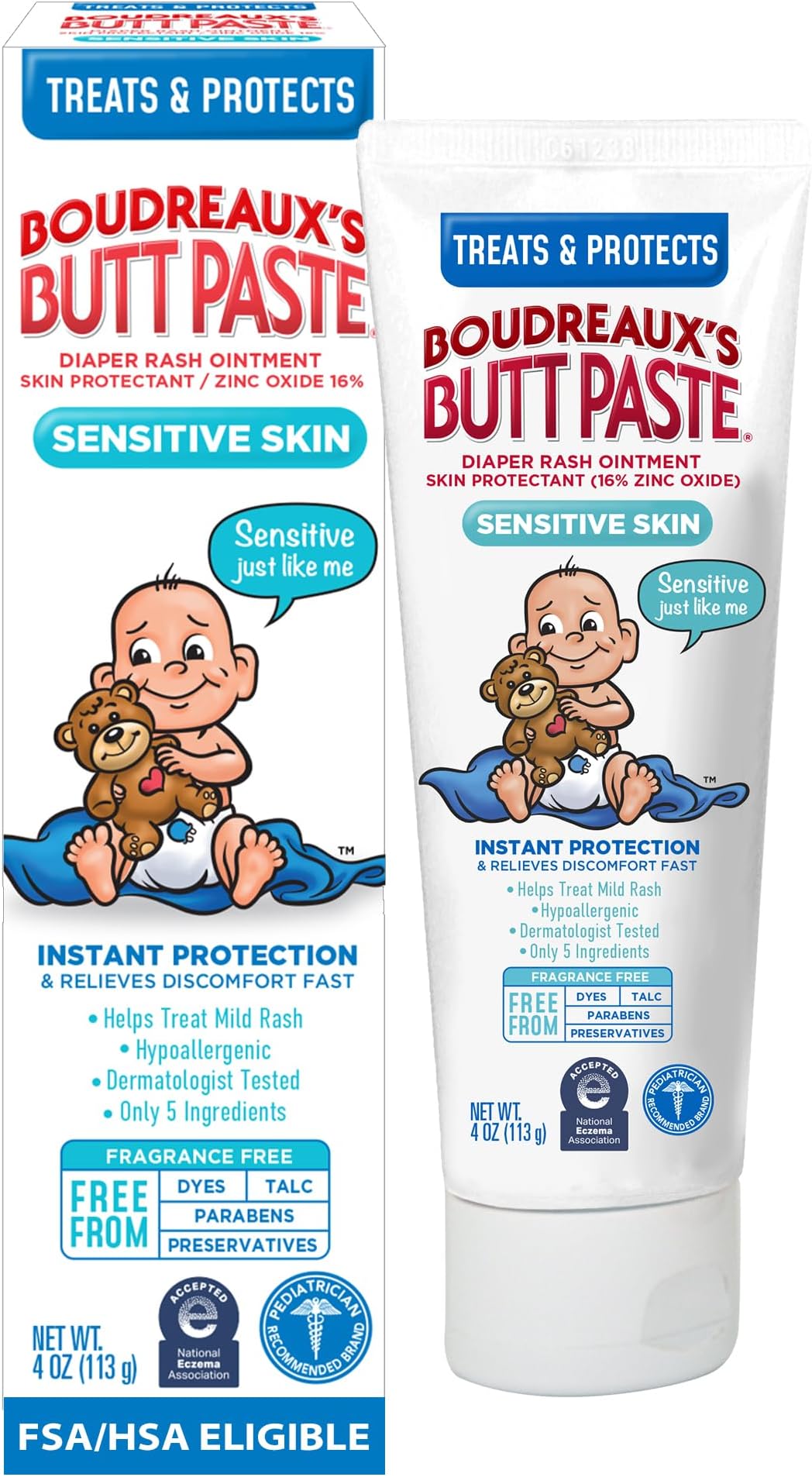 Boudreaux’s Butt Paste Zinc Oxide Diaper Rash Cream, Hypoallergenic for Sensitive Skin, 4 Oz Tube