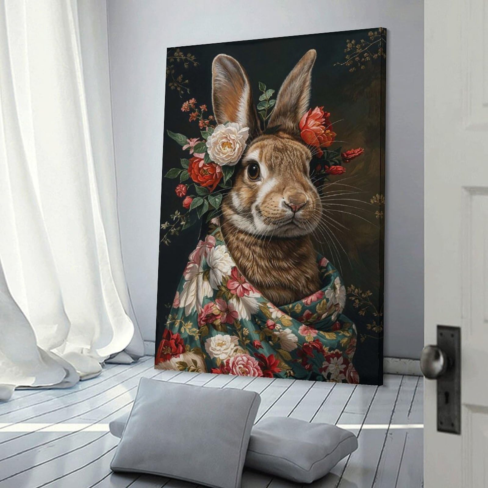 Junmoney Rabbit with Flowers Wall Decor Canvas Print, 12x18inch(30x45cm), for Wall Displays, Bedrooms Or Room Updates, Wall Decor Suited to Curated Displays