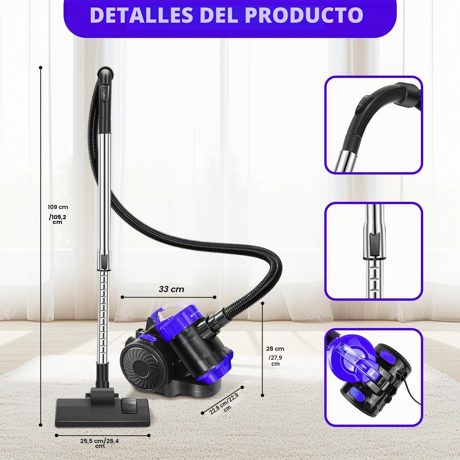 Aspiradora sin bolsa, 1500 W, sin bolsa, 25 kPa, silenciosa, con filtro HEPA, depósito de polvo de 1,5 L, compacto y ligero, para alfombras, suelos duros, pelo de animales