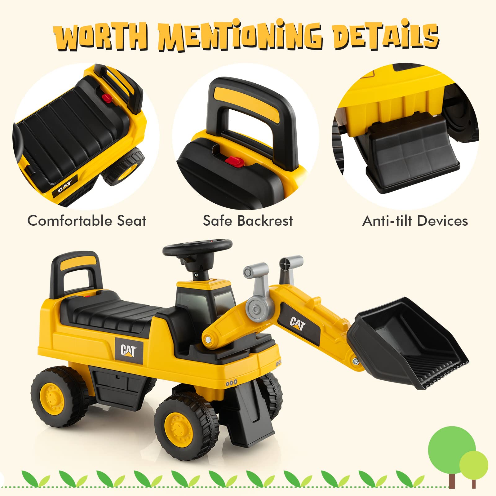 GOPLUS Portador Bulldozer para niños con bocina y Espacio de Almacenamiento Oculto, vehículo excavador con Pala y Asiento cómodo, Carga 25 kg, para niños de 1 a 3 años