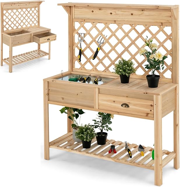 GiantexUK Garden Potting Table, Wooden Planting Bench with with Trellis, Sliding Tabletop, Drawer, Planter Box, Drain Hole & Shelves, Flower DIY Workstation Table for Patio Courtyard, 120x43x150cm