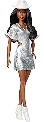 Barbie Fashionistas Doll #239 with Black Hair Wearing Sparkly Silver Fringe Dress with Western Accessories Like White Cowboy Hat and Boots